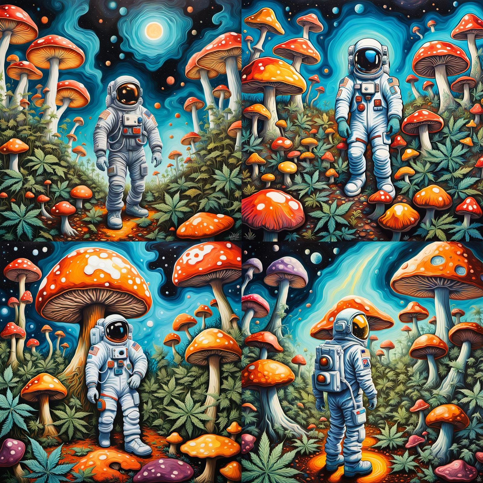 Astronaut in Psychedelic Mushroom Field, Graffiti Art