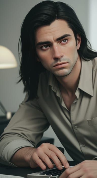 Cinematic Film Still of Man at Desk with Laptop
