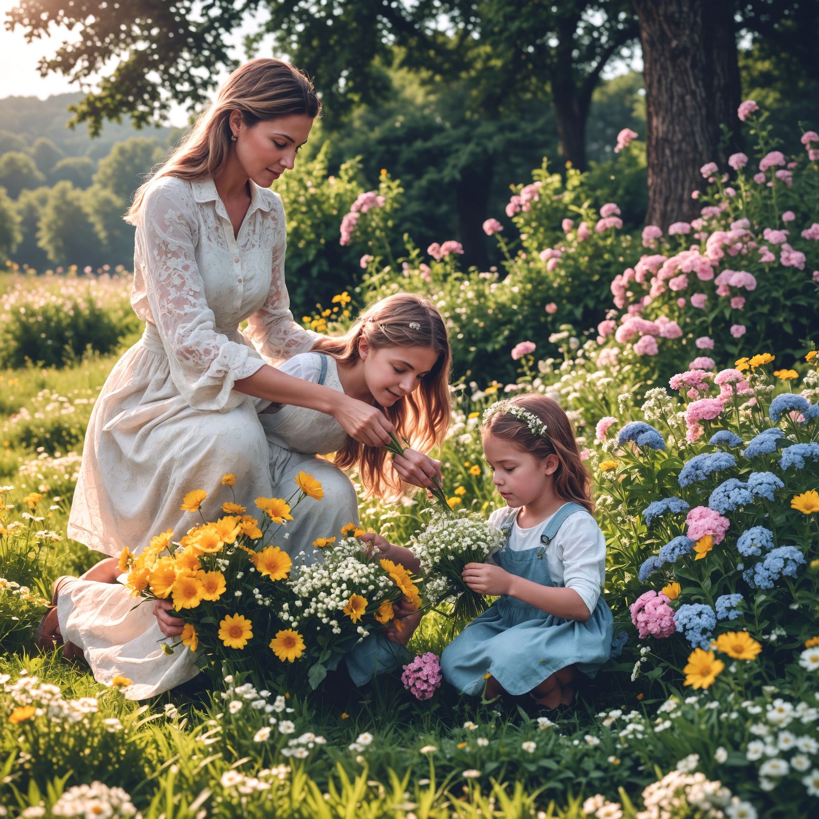 Mother and Daughter in a Vibrant Floral Scene, in Cinematic ...
