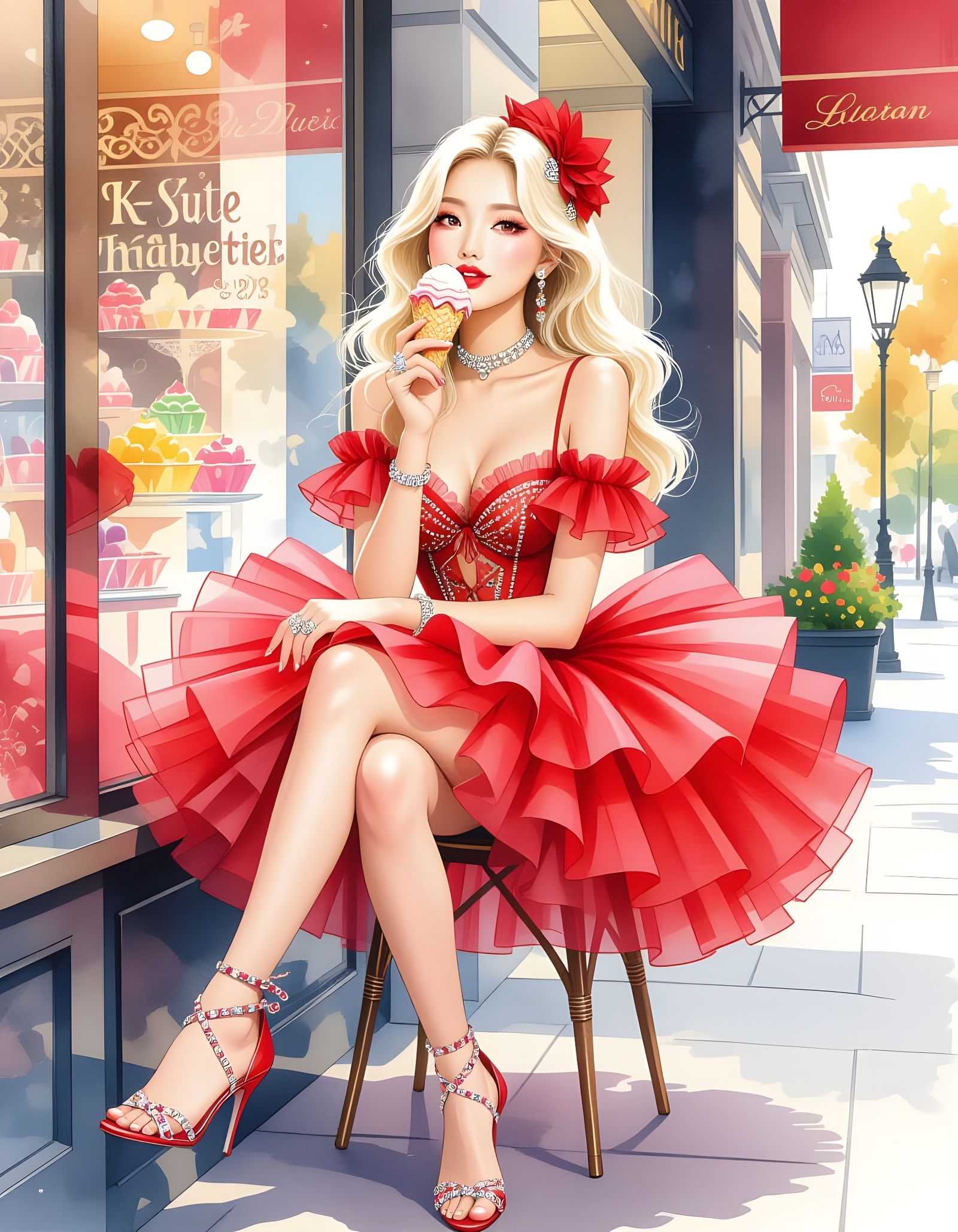 Kawaii K-Pop Idol Enjoys Detailed Ice Cream in Watercolor