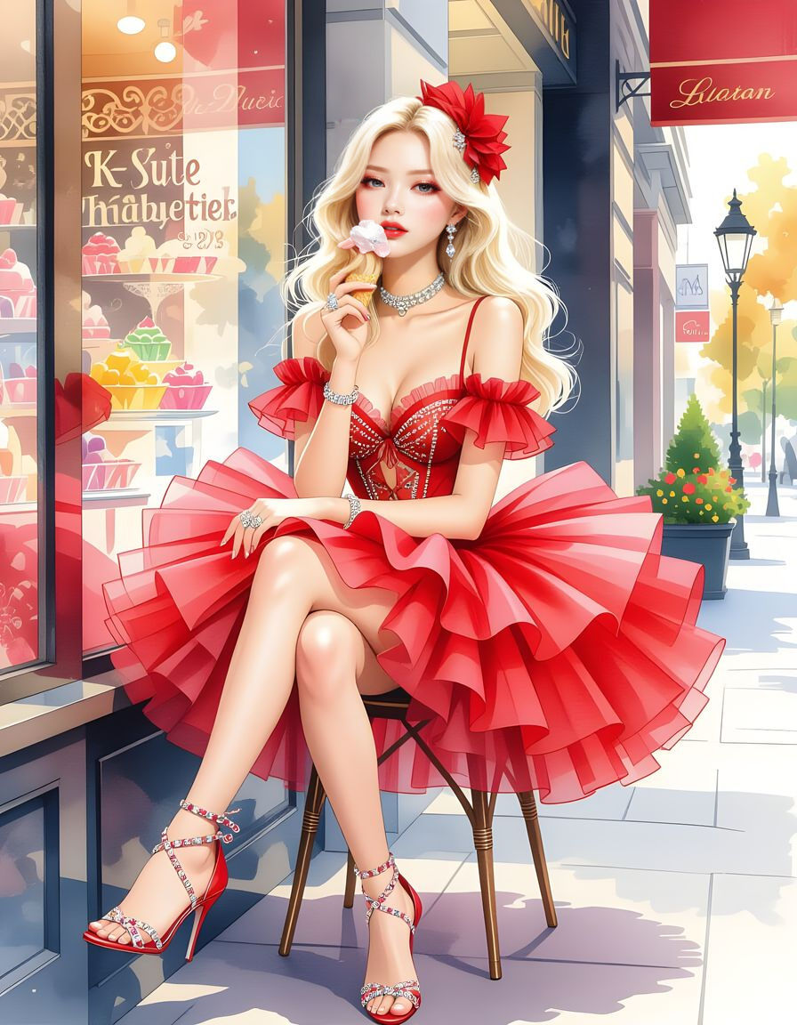 Ice Cream Art. Kawaii Girl Eating an Ice Cream