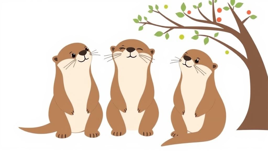 Three Otters Smiling in a Minimalist Scene