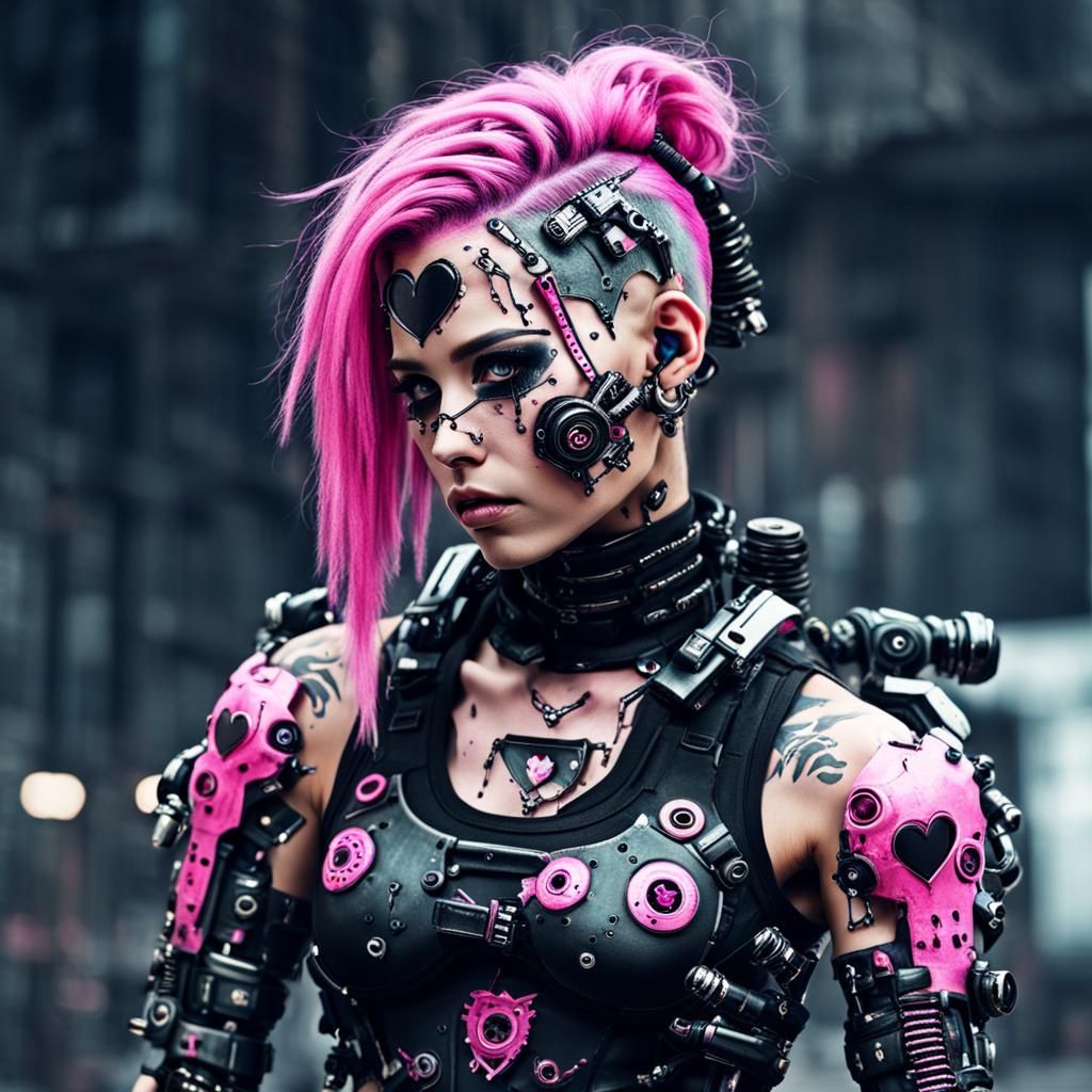 Cyberpunk Cyborg with Ripped Heart and Piercings