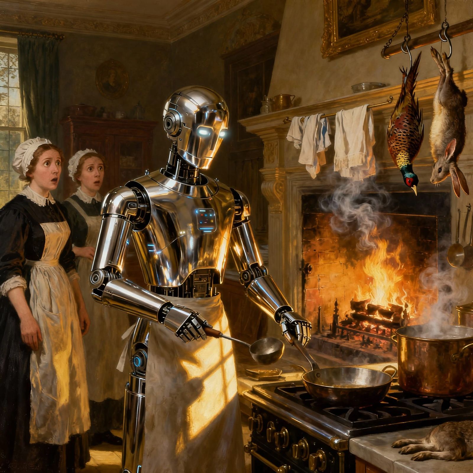 Robot Chef in 1900s Manor Kitchen, Dutch Golden Age Style