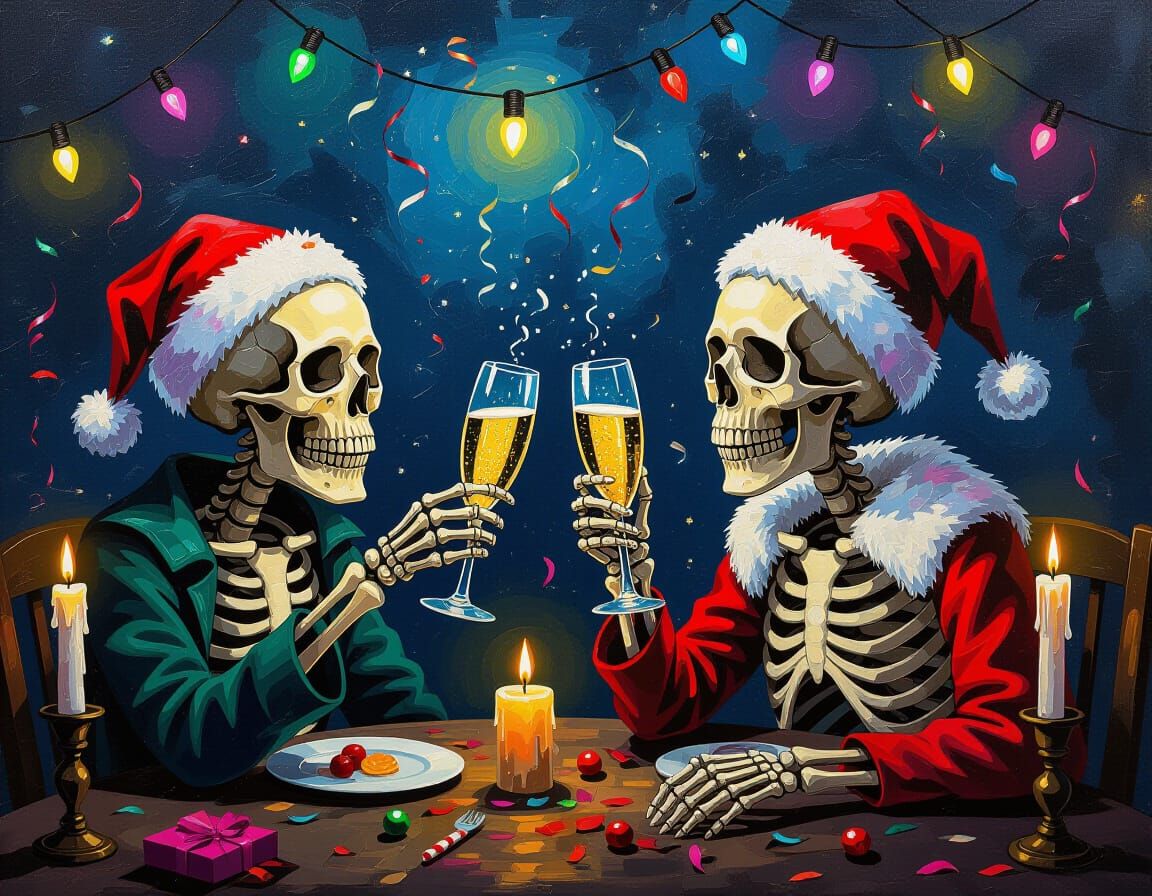 Skulls celebrate Christmas. Eve Drop with champagne and stre...