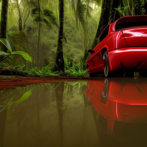 Armored Red Car Driving Through a Rainforest