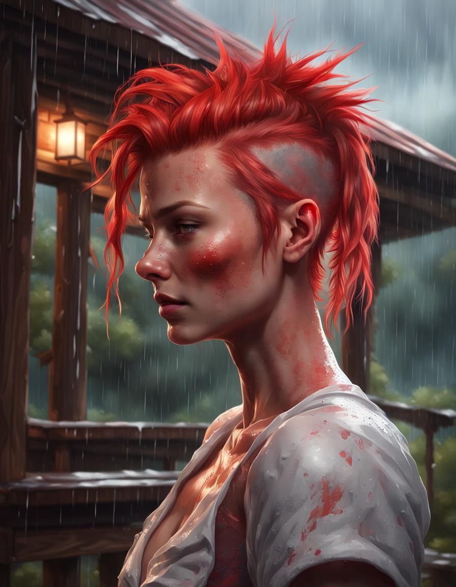 Rain-Soaked Girl with Red Mohawk, Hyperdetailed Portrait