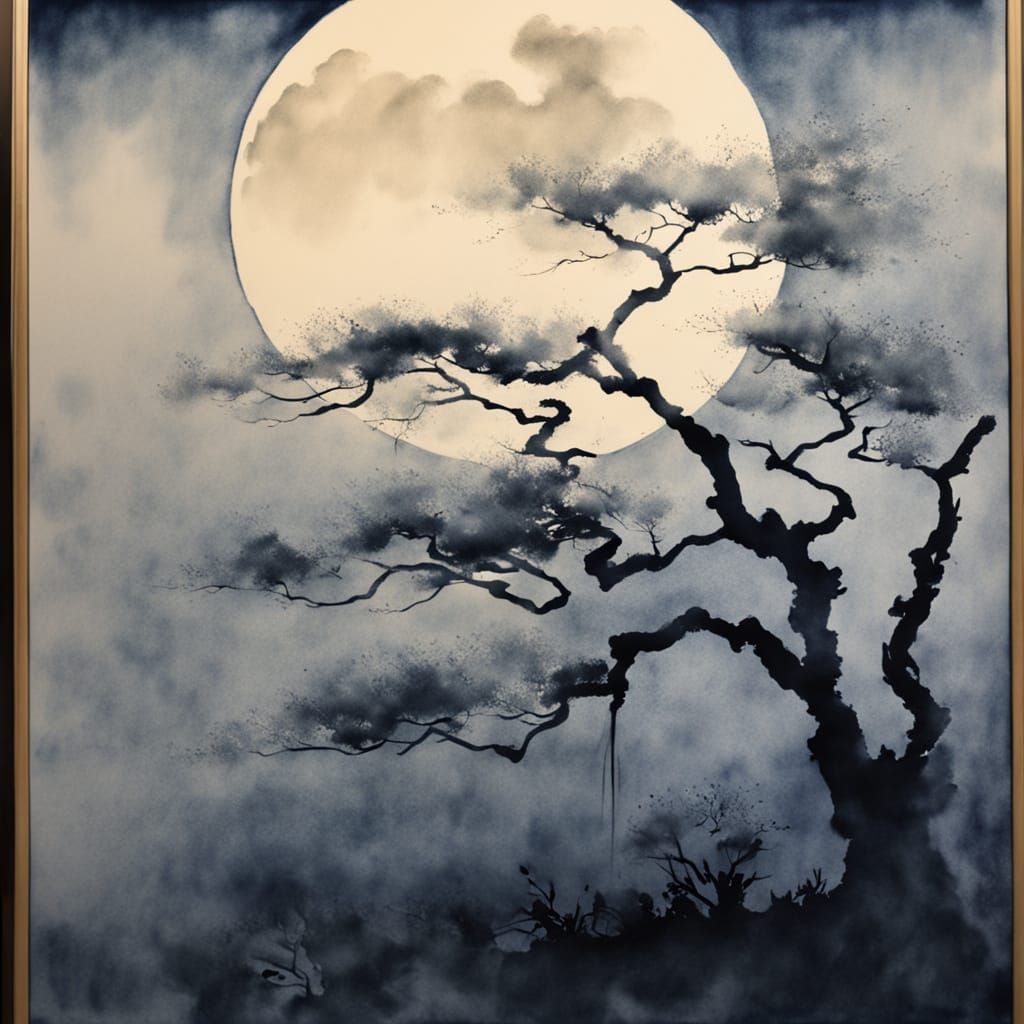 Sumi-e Painting of Lone Pappel Tree Under Full Moon