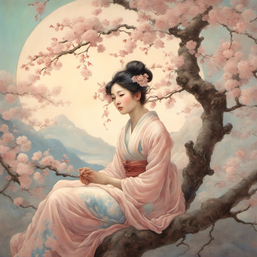 Ethereal Spirit on Cherry Tree in Ukiyo-e Style