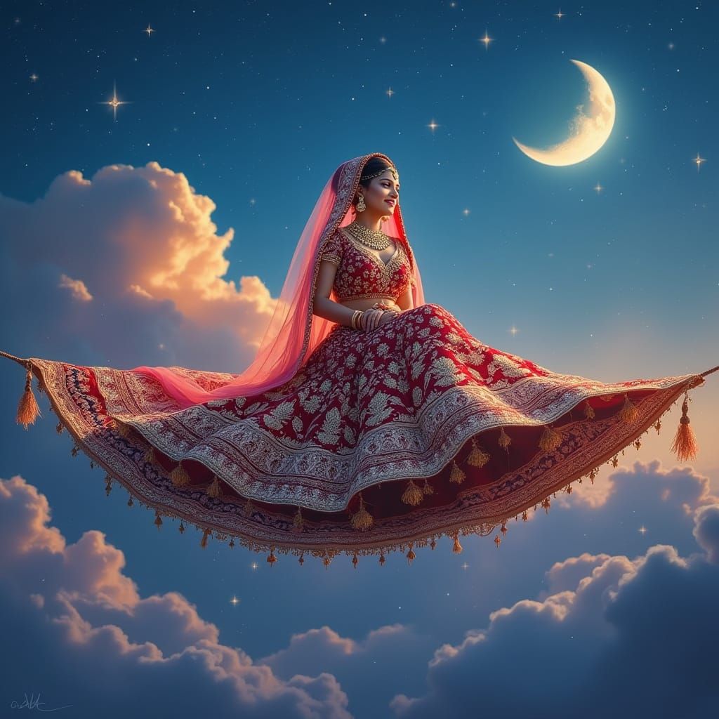 Indian Bride Ascends on Magic Carpet in Twilight Sky