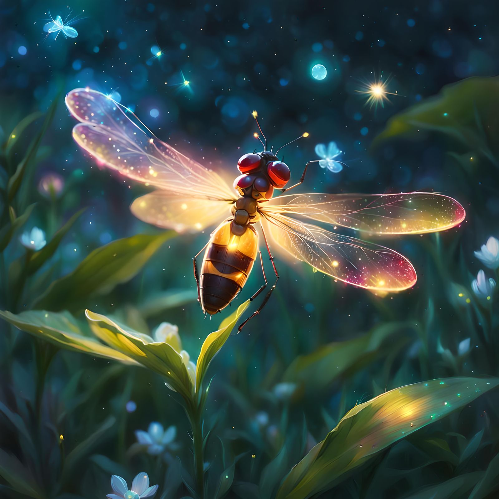 Glowing Firefly in Lush Landscape, Macro Photography