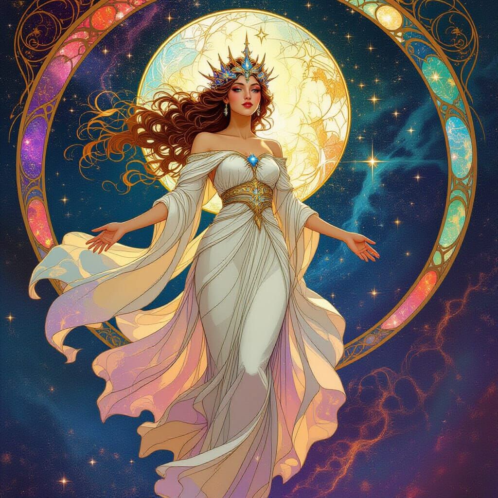 Celestial Goddess Emerges from Galaxy in Art Nouveau Style