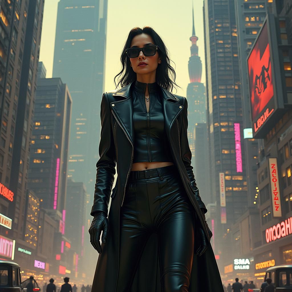 Futuristic Metropolis with Woman in Leather, in Cyberpunk St...