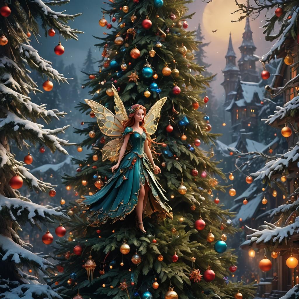 Fairy on Christmas Tree: Detailed Fantasy Art