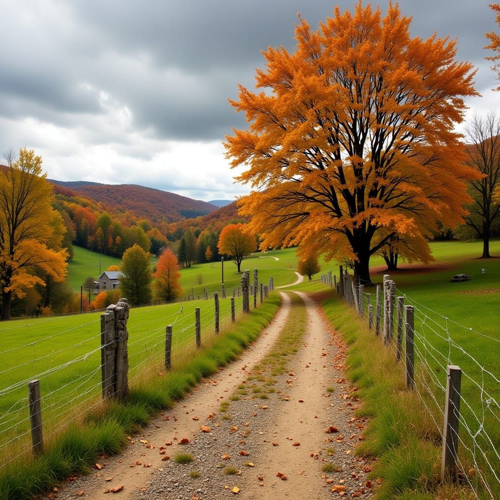 In the Shenandoah Valley, a dirt and shale road is between short stone fences.  As it passes a large tree on each side o...