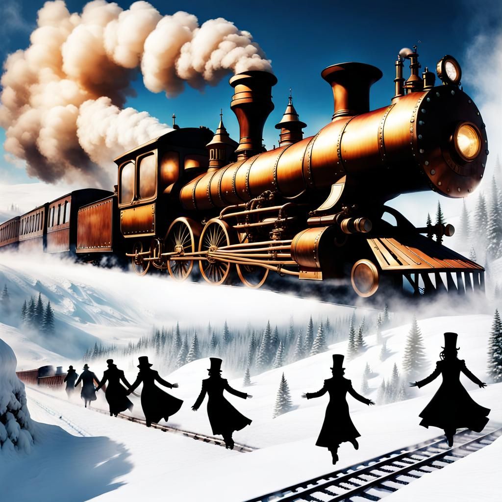 Steampunk Magic Carpet Over Winter Landscape