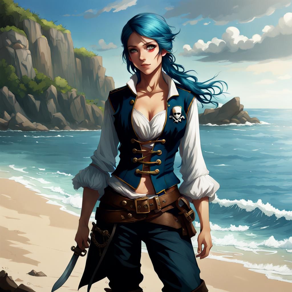 Beautiful Blue-Haired Pirate on Peaceful Ocean