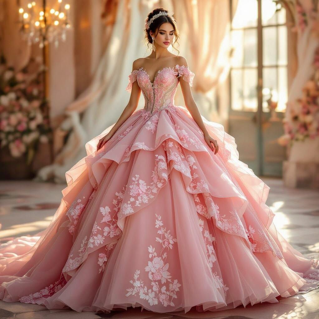 Romantic Pink Quinceanera Gown Inspired by Art Nouveau