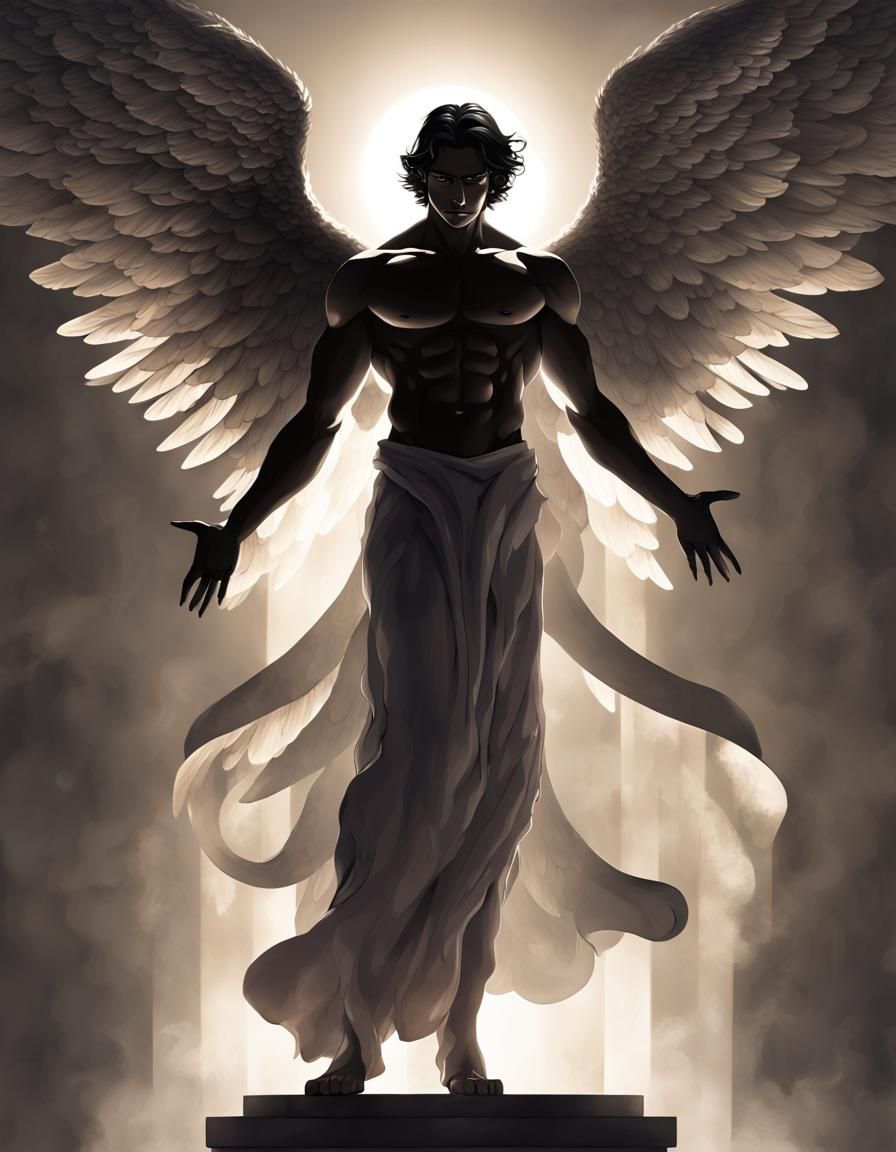 Powerful Angel Unfurled Wings in Shadows