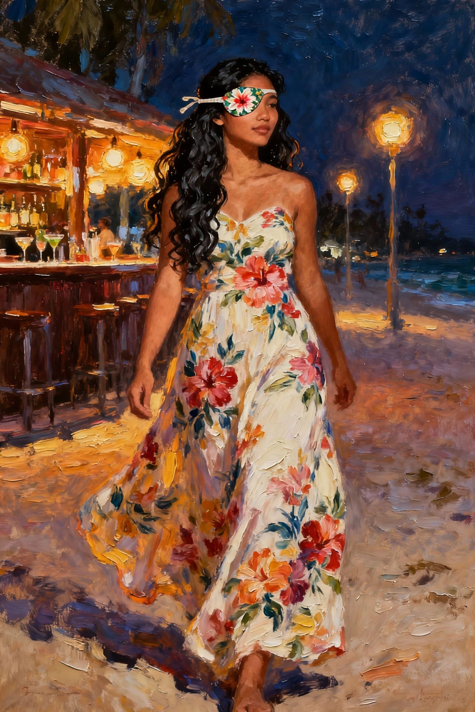 Polynesian Woman with Eyepatch at Beach Bar, Impasto Paintin...