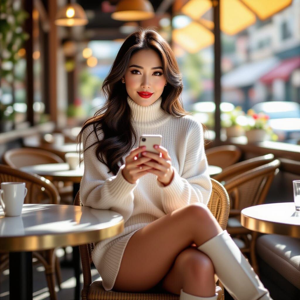 Mature Asian Woman in White Sweater at Summer Restaurant