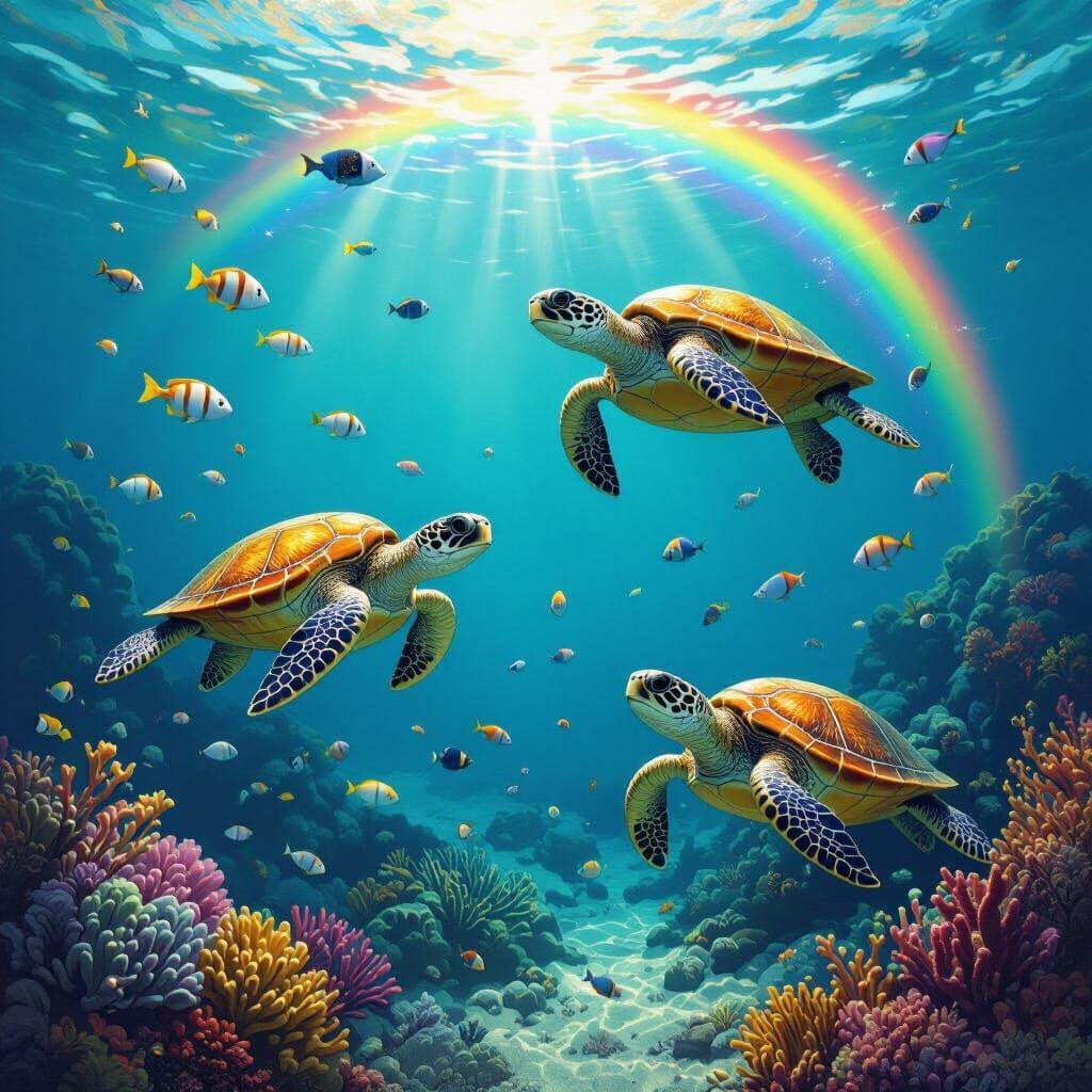 Lively Coral Reef with Turtles and Rainbow