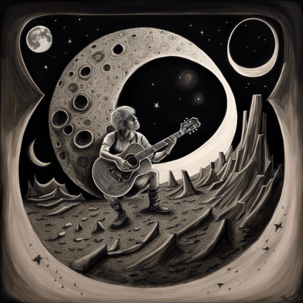 Guitarist on the Moon: Hyperdetailed Charcoal Drawing