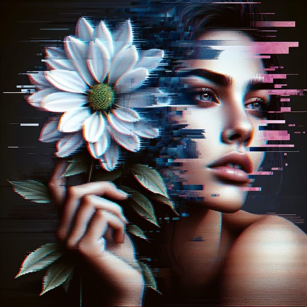 Glitch Art: Woman and Flower Pixelated Portrait