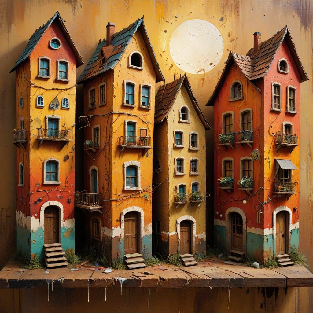 Whimsical Joy Town in Naive Folk Art Style