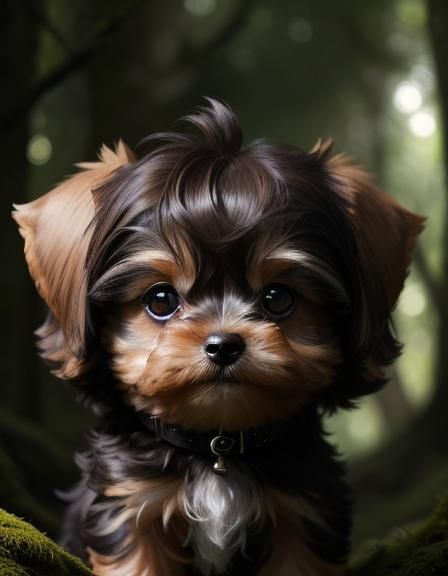 Chibi Yorkie Puppy Portrait in Lush Forest