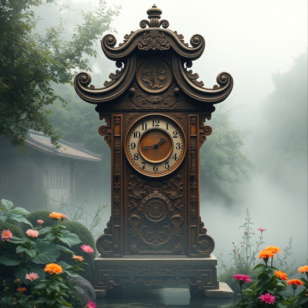 Antique Water Clock in Misty Garden
