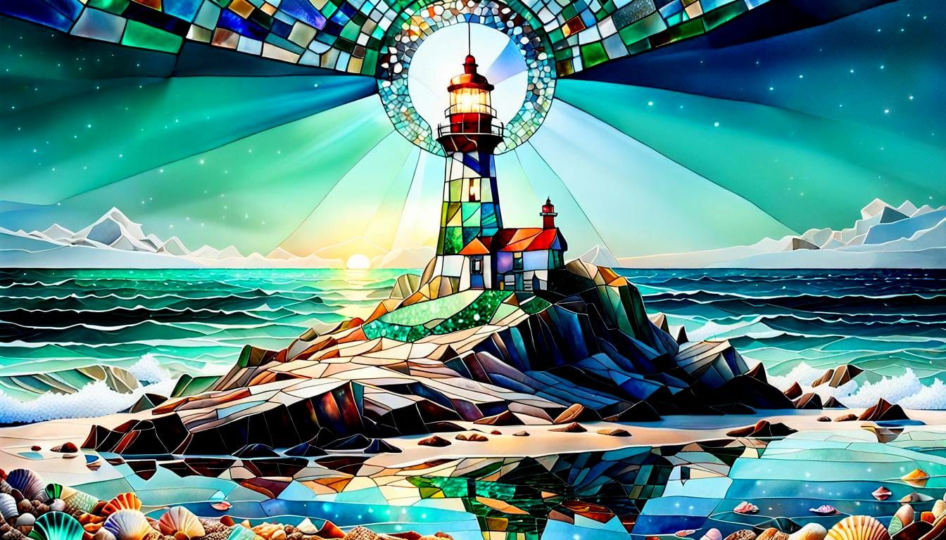 Stained Glass Mosaic Lighthouse Shimmers