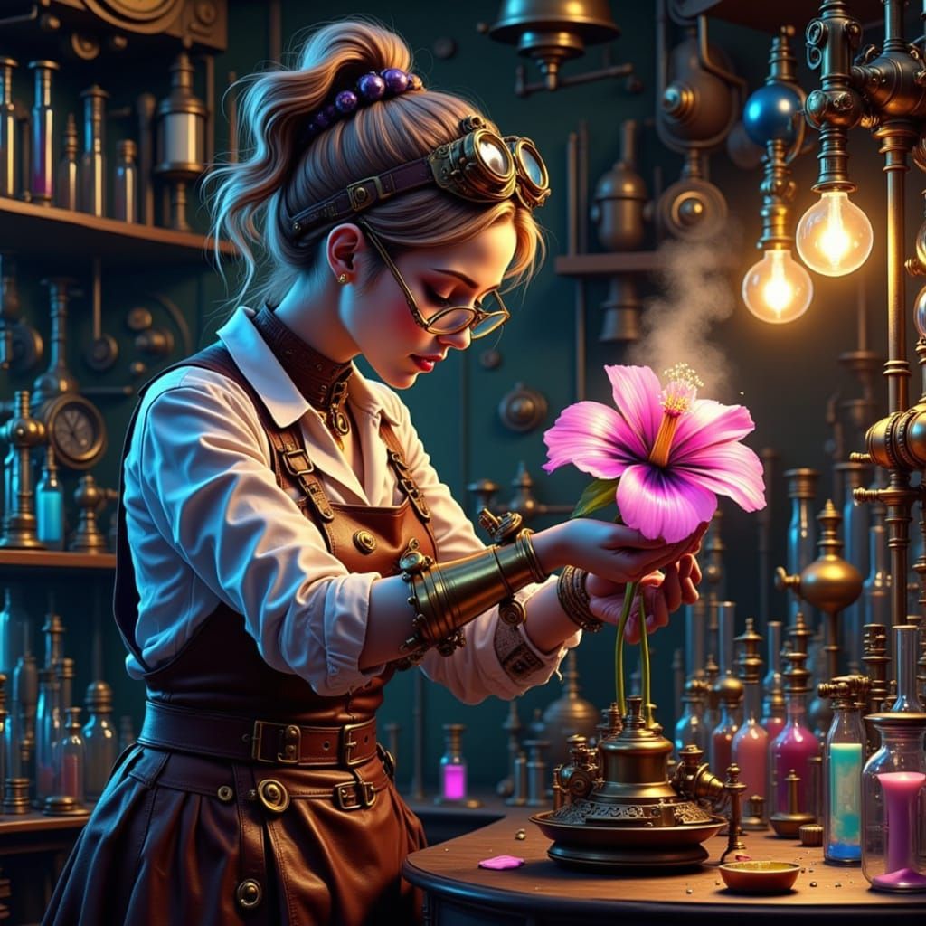 Steampunk Scientist Discovers Bioluminescent Flower in Lab