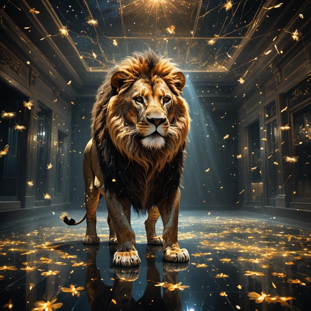 Firefly Lion in Dark Mirrored Room, Digital Art