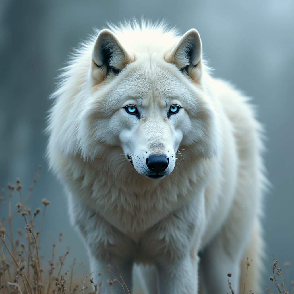 Majestic White Dire Wolf in Fantasy Landscape