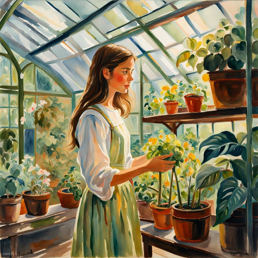 Girl in Greenhouse: Watercolor Impressionist Painting