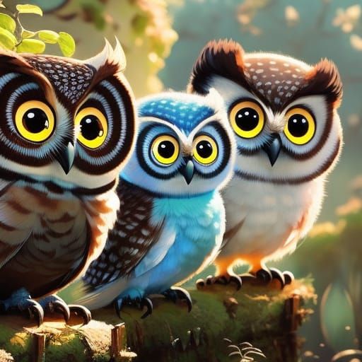 Chibi Owl Family Digital Art in Vibrant Colors