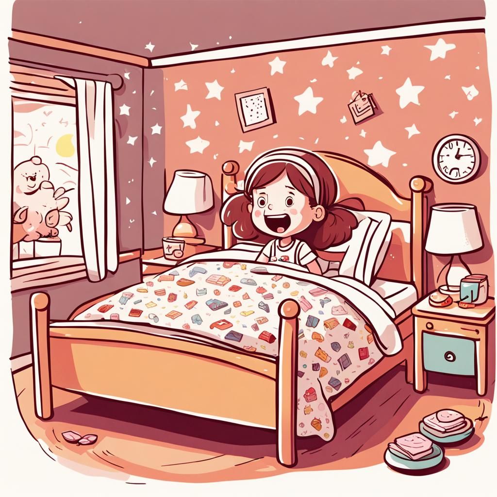 Cartoon Girl Waking Up in Bedroom
