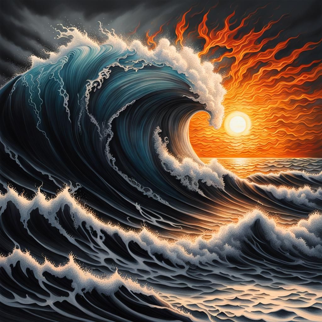 Ocean Wave Tattoo Design Over Burning Sun
