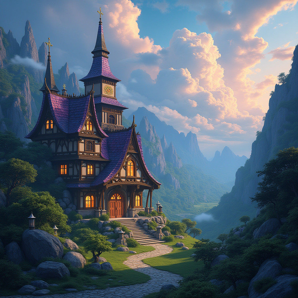 Mystical Village in Valley with Crystal Spires