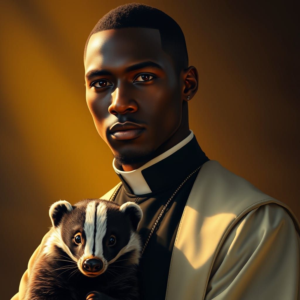 Devout Priest Surrounded by Symbolic Badger in Warm Golden L...