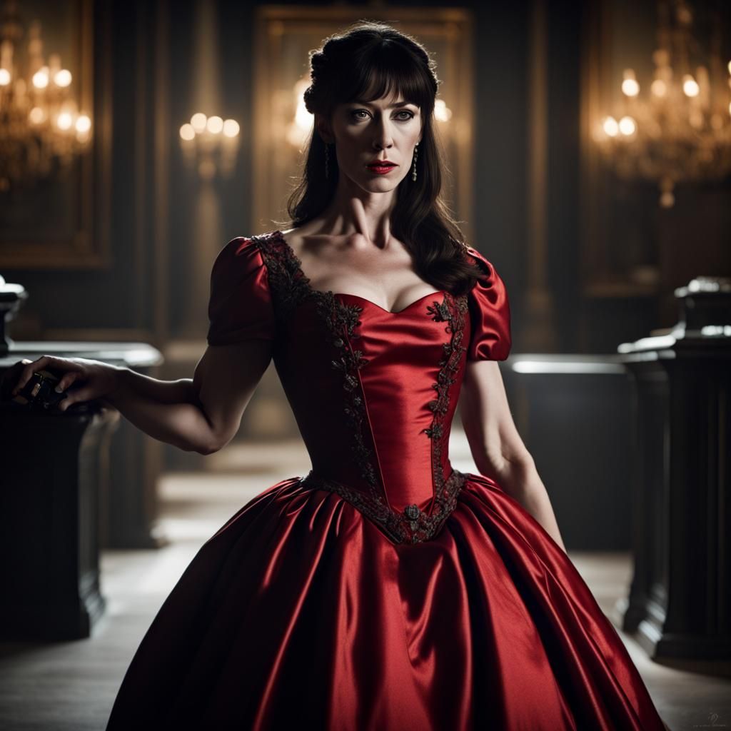 Caroline Catz in Red Ballgown Holding Gun