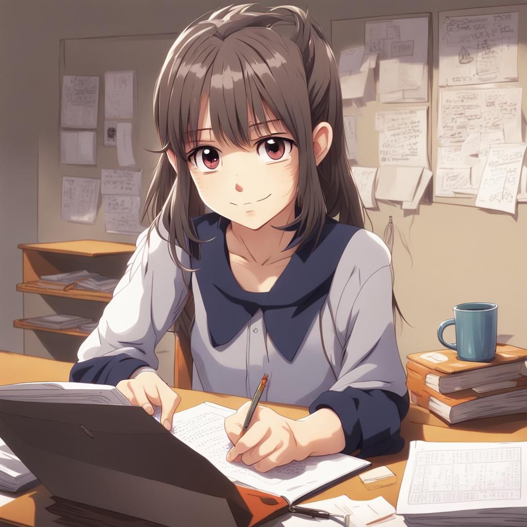 Anime Style Teenage Girl with Homework