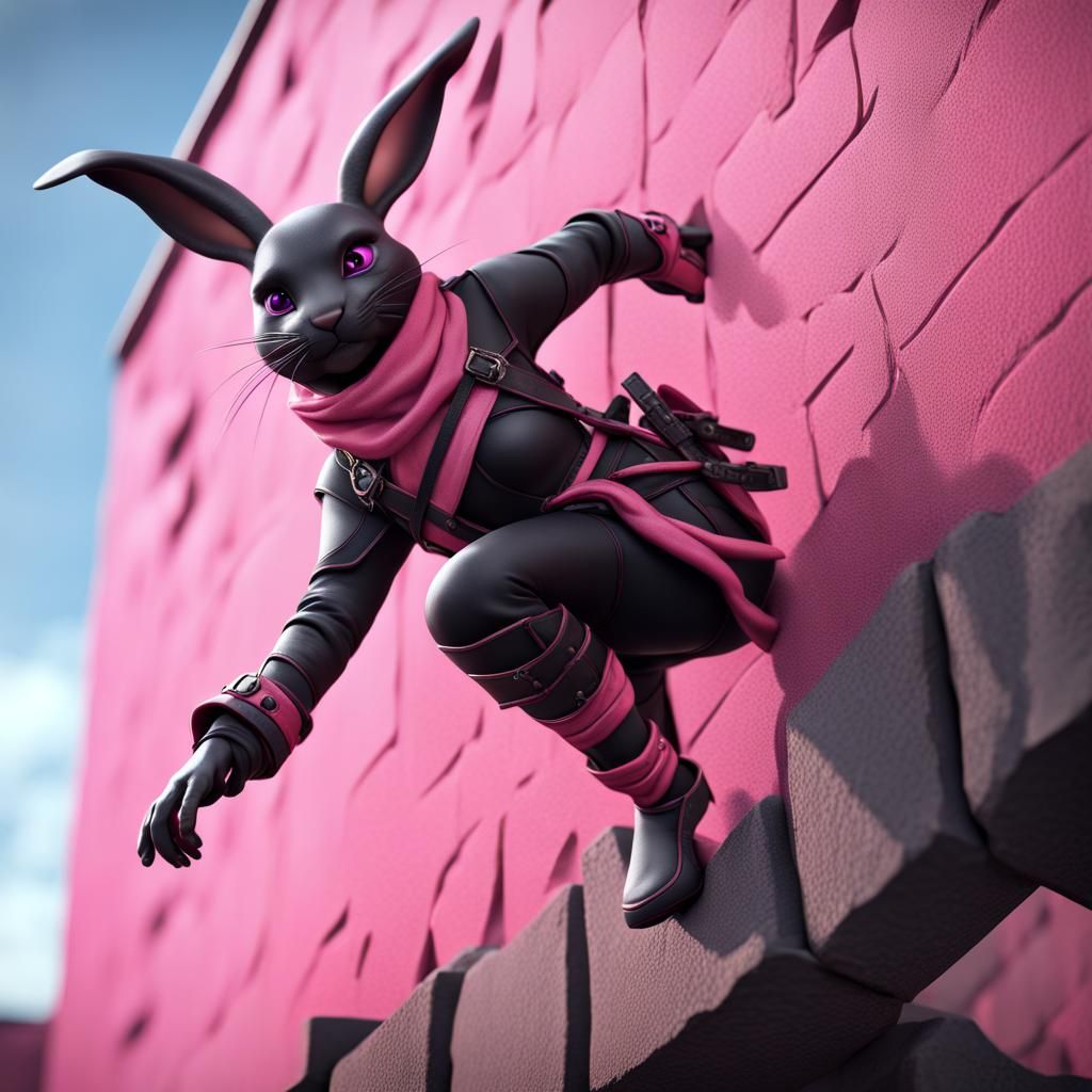 Black and Pink Ninja Rabbit Climbs a Wall