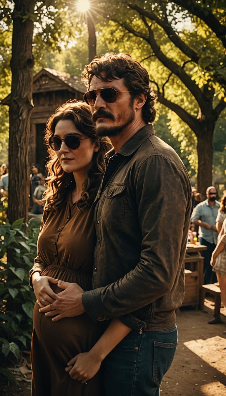 Pedro Pascal Hugs Pregnant Woman, Cinematic Film Still
