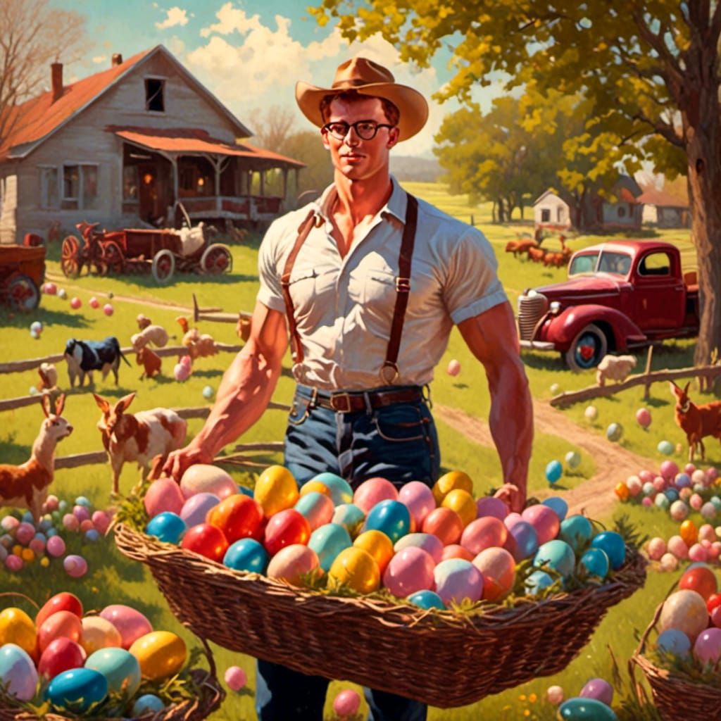 Retro Easter: Hunky Farmer with Eggs in Countryside