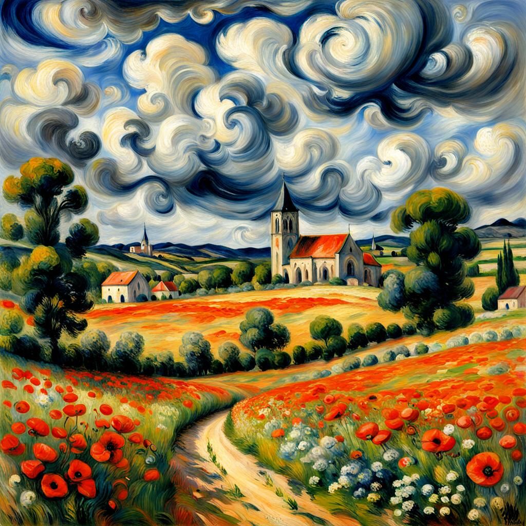 Poppy Field and Church in Impressionist Style