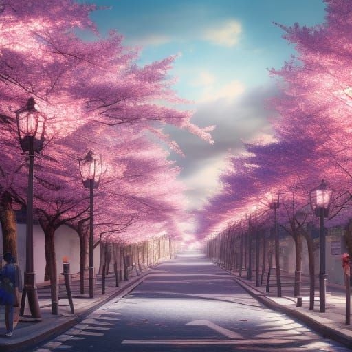 Japanese Cherry Blossom Street in Photorealistic Style