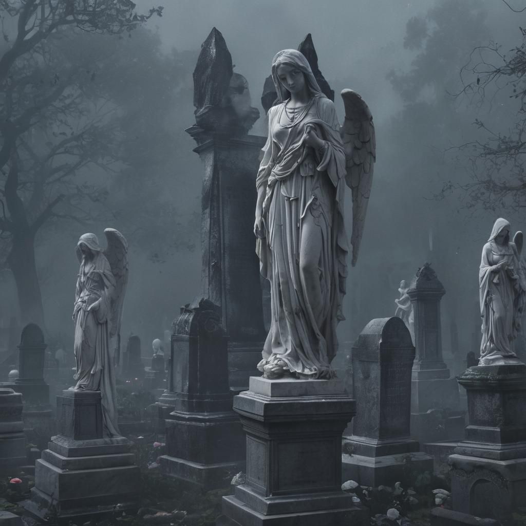 Gothic White Marble Necropolis with Angel Statues