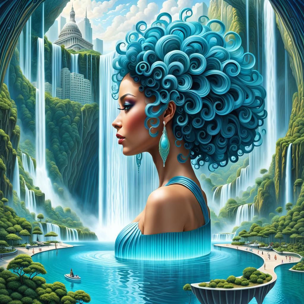 Teal Afro Woman with Waterfalls Concept Art
